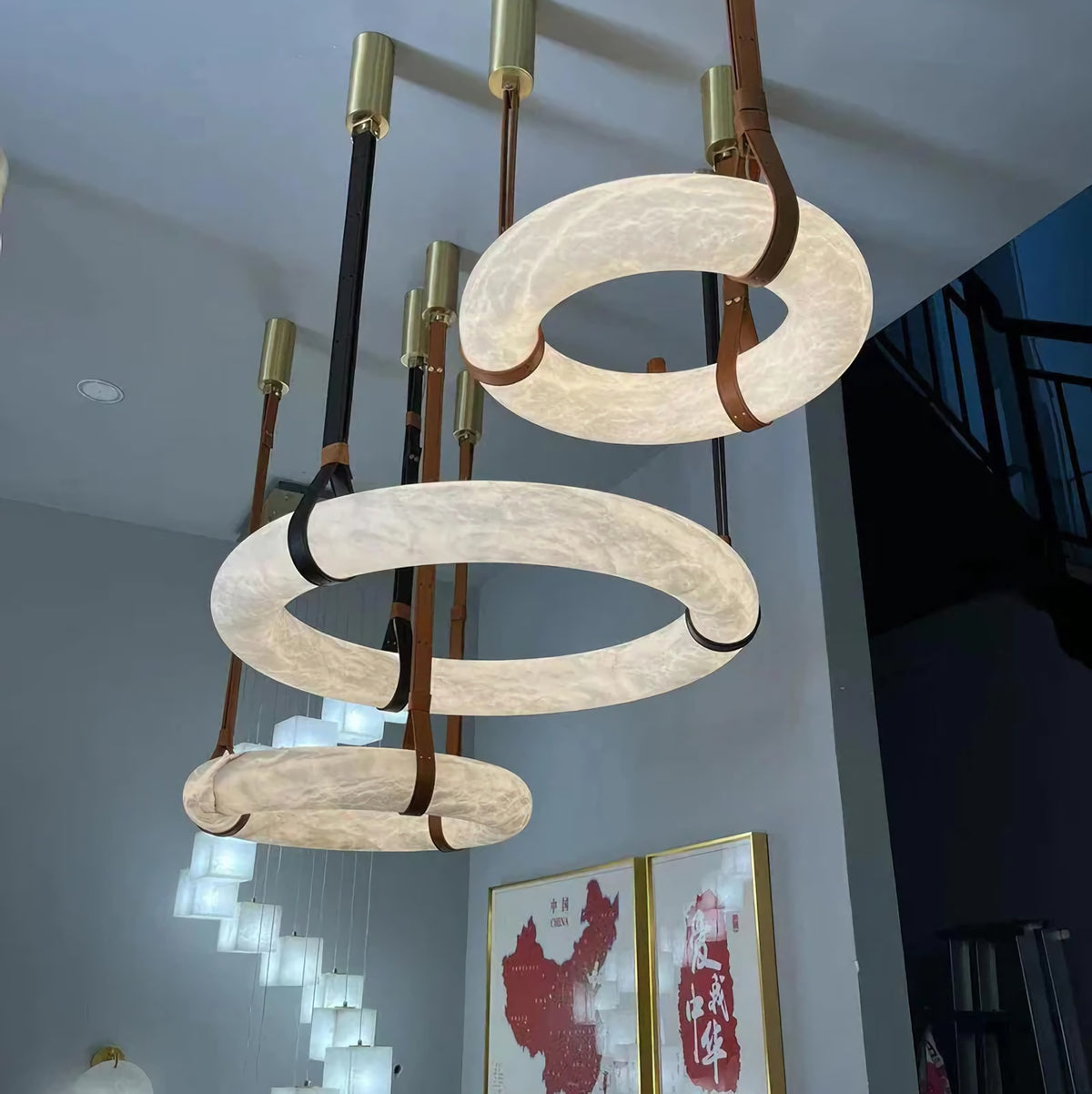 Alabaster Hoop Leather Chandelier