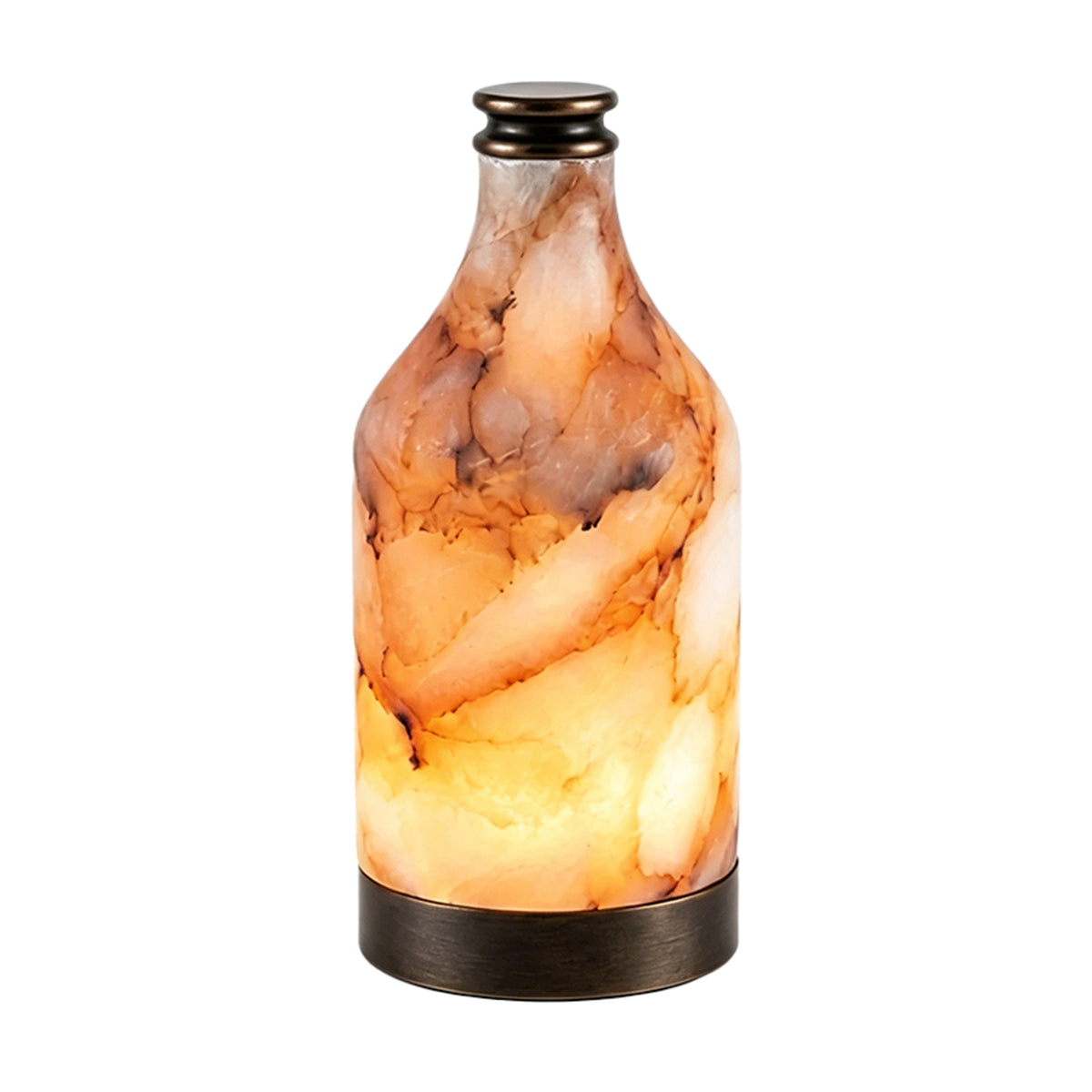 Aldric Alabaster Flask Table Lamp | Natural Alabaster Stone and Bronze Metal | Full studio product shot isolated on a white background showing the glowing amber marbled flask-shaped lamp | Severn Lighting