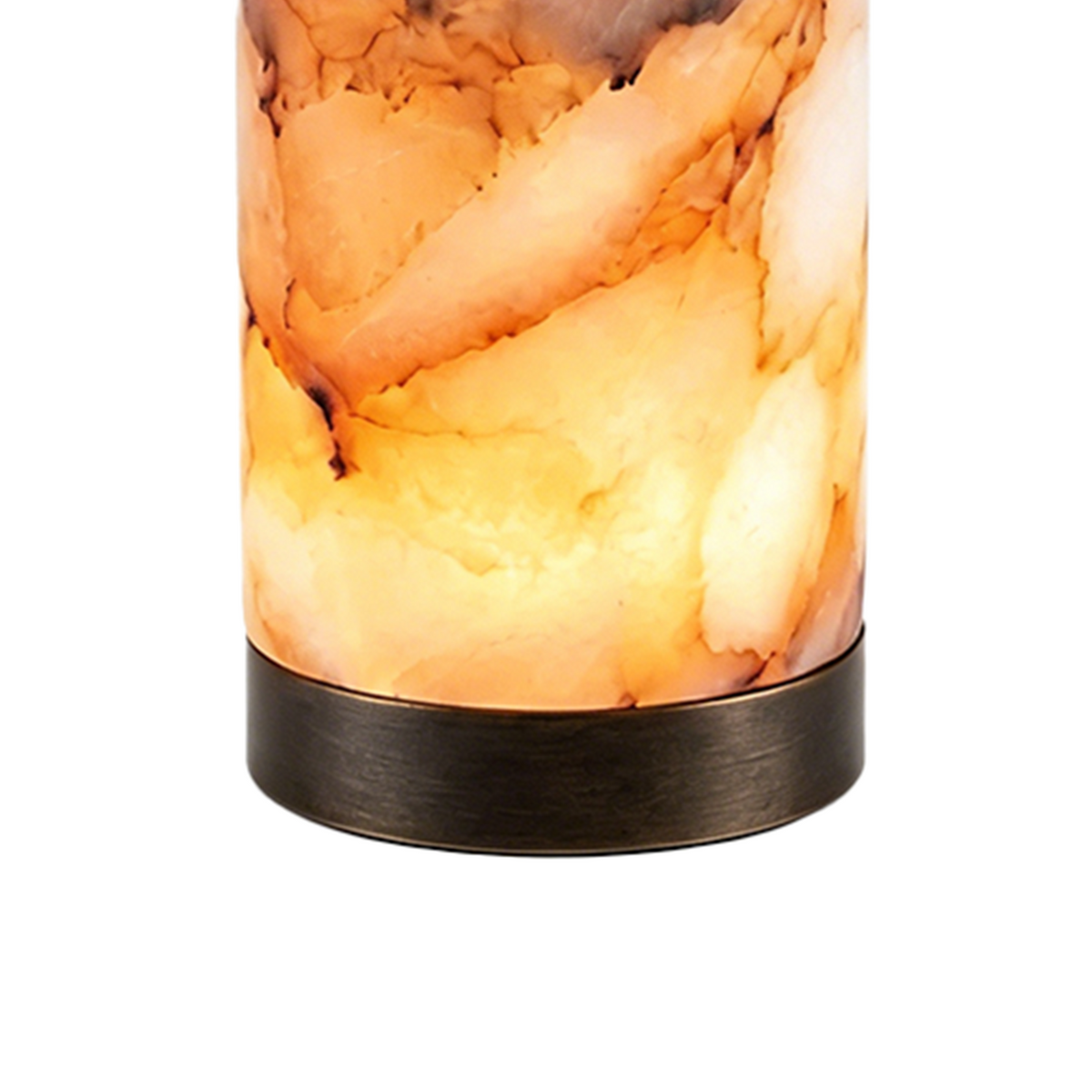 Aldric Alabaster Flask Table Lamp | Natural Alabaster Stone and Bronze Metal | Close-up texture shot showing the organic marbled veins and dark bronze base ring on a white backdrop | Severn Lighting