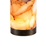 Aldric Alabaster Flask Table Lamp | Natural Alabaster Stone and Bronze Metal | Close-up texture shot showing the organic marbled veins and dark bronze base ring on a white backdrop | Severn Lighting