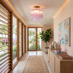 Amabel Dazzling Pink Glass Ceiling Light | Pink Glass and Brass | Lighting up a sunlit hallway entry corridor with wooden blinds | Severn Lighting