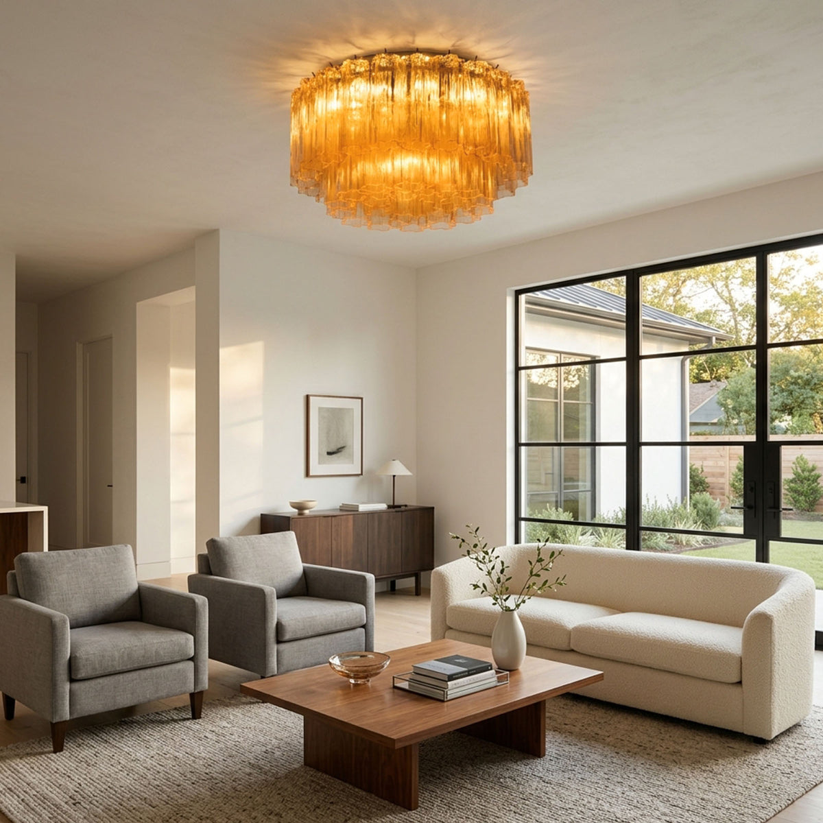 Ambleve Amber Glass Tube Flush Mount Chandelier | Fluted Amber Glass and Brass | Mounted on the ceiling of a spacious living room with beige sofas | Severn Lighting