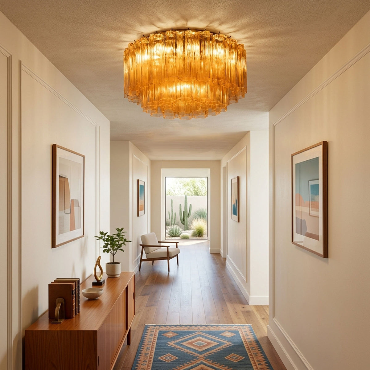 Ambleve Amber Glass Tube Flush Mount Chandelier | Fluted Amber Glass and Brass | Illuminating a hallway corridor with a wooden console table | Severn Lighting