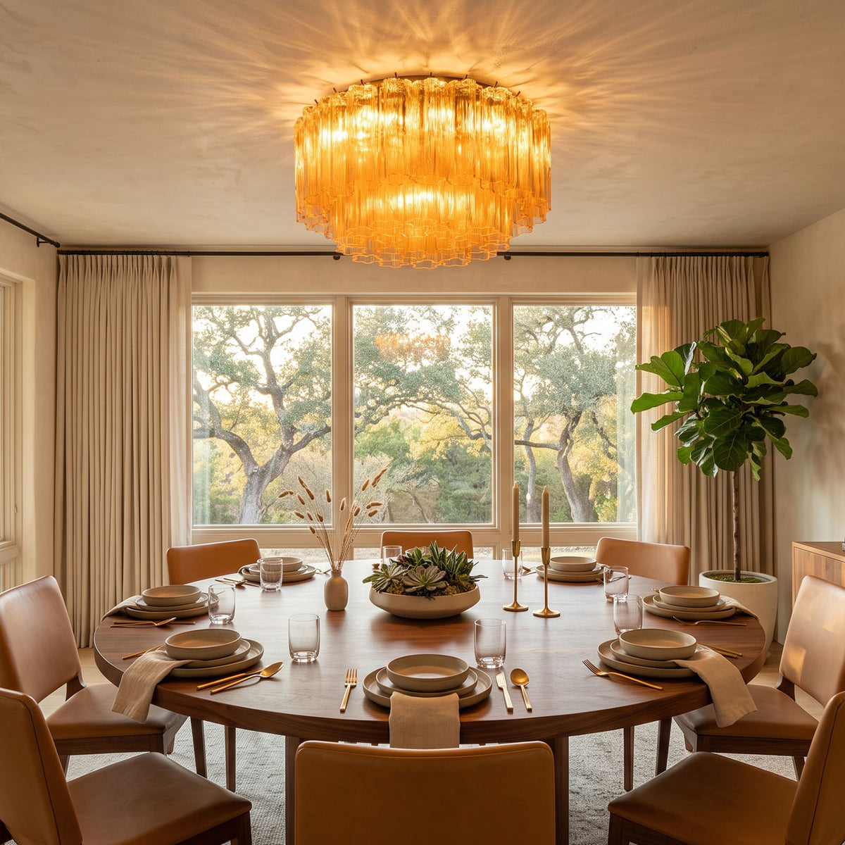 Ambleve Amber Glass Tube Flush Mount Chandelier | Fluted Amber Glass and Brass | Positioned over a round wooden dining table in a bright room | Severn Lighting