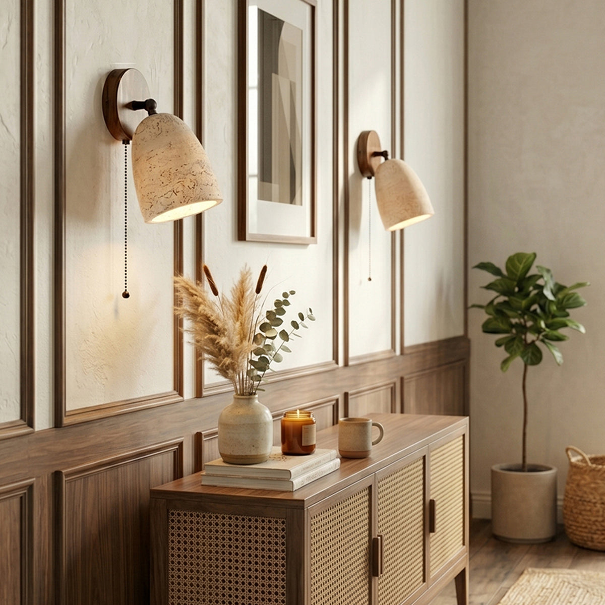 Aria Travertine Wood Wall Lamp | Travertine, Wood, Metal | A pair of travertine wall sconces symmetrically mounted on a paneled wall over a wooden credenza | Samu Lamp
