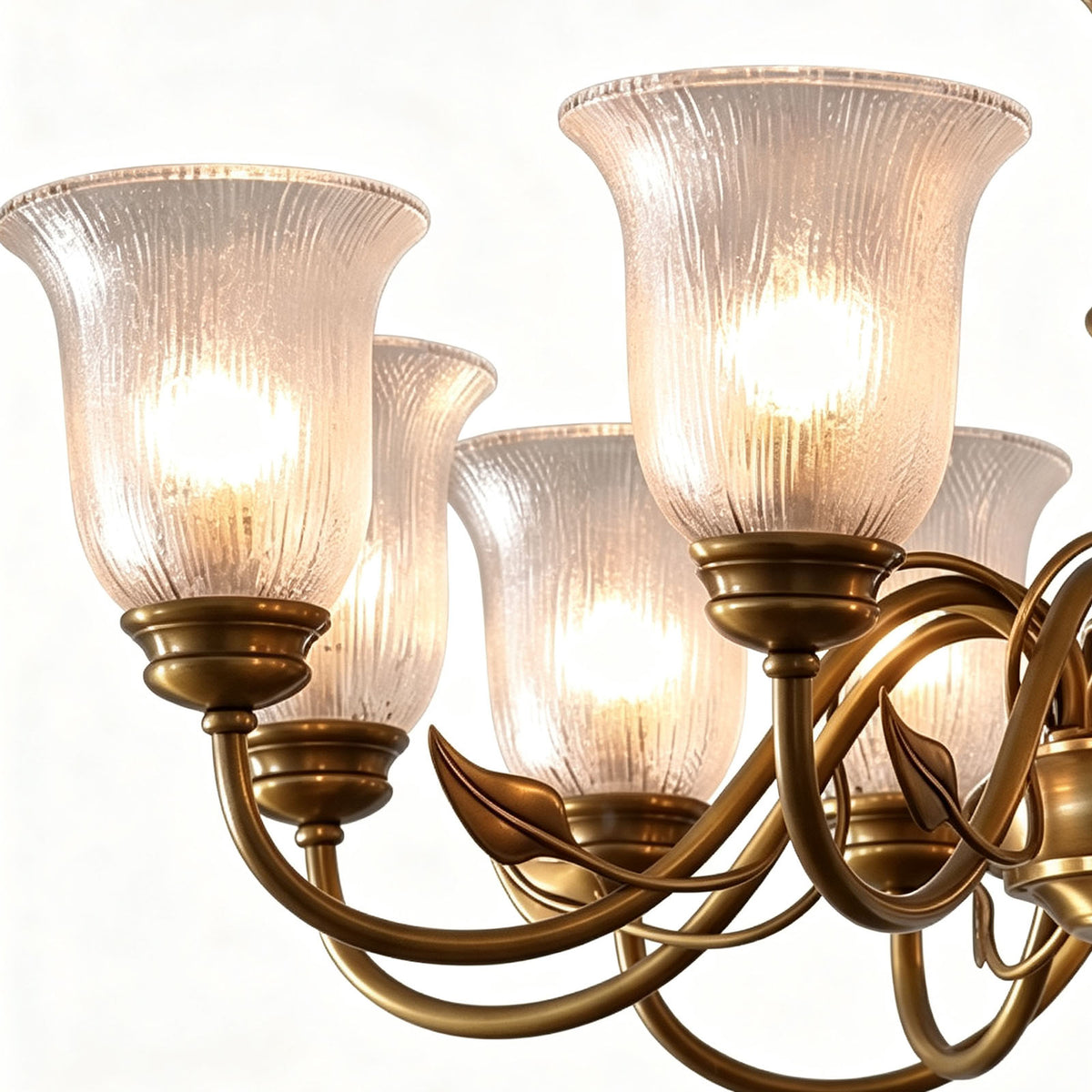 Auberon Ribbed Glass Vine Brass Chandelier | Ribbed Glass and Brass | Medium close-up highlighting the glowing ribbed glass shades and brass arms | Severn Lighting