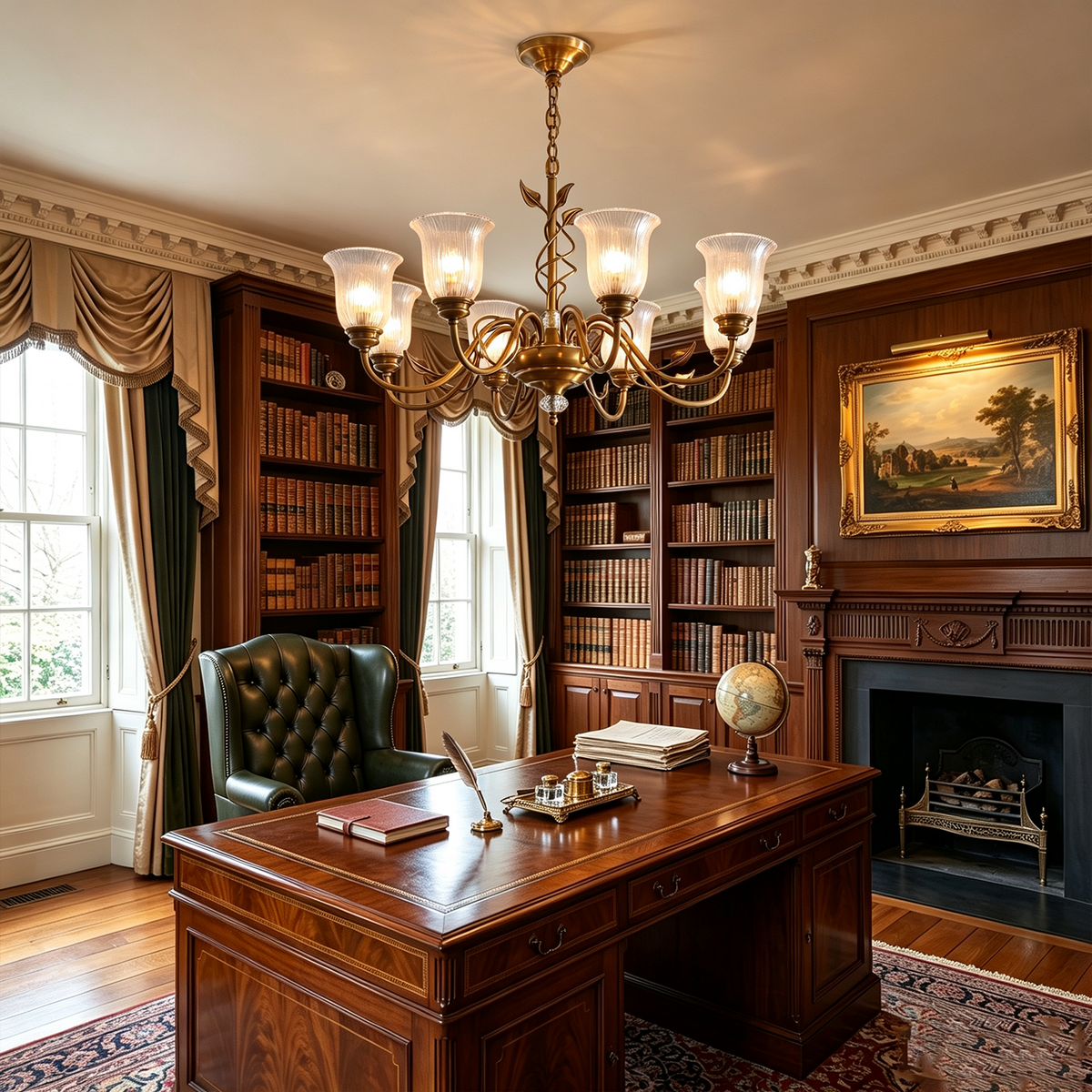 Auberon Ribbed Glass Vine Brass Chandelier | Ribbed Glass and Brass | Lighting a classic study room above an executive desk near a fireplace | Severn Lighting