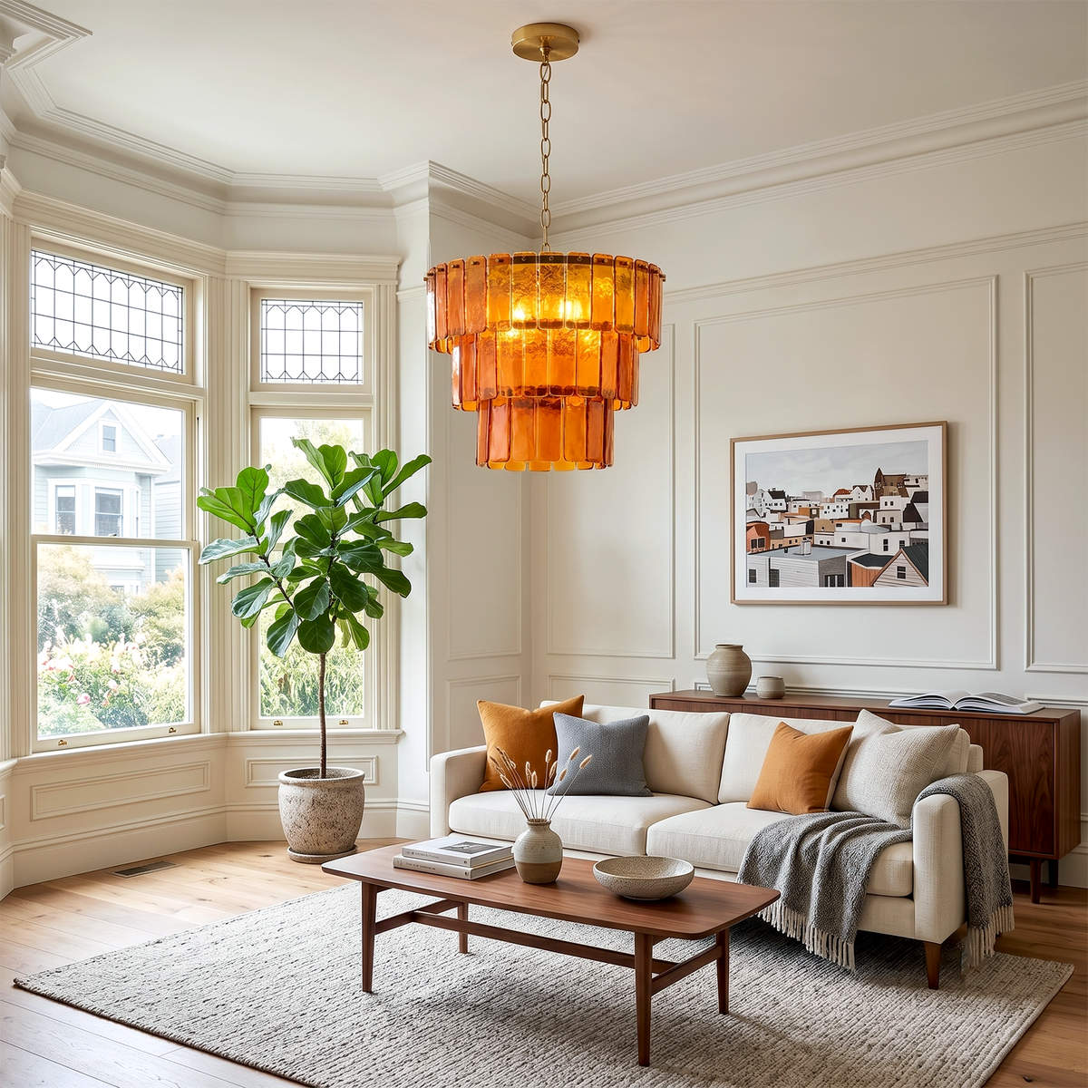 Aurelia Tiered Amber Glass Chandelier | Glass, Metal | Hanging as a grand centerpiece in a contemporary living room featuring a cream sofa, a wooden coffee table, and large bay windows | Severn Lighting