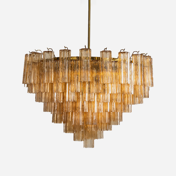Auriane Fluted Amber Glass Chandelier | Fluted Amber Glass and Brass | Front full view on a white background, illuminated | Severn Lighting