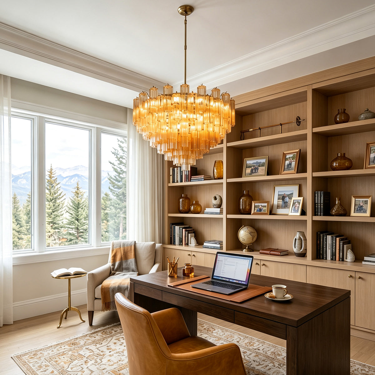 Auriane Fluted Amber Glass Chandelier | Fluted Amber Glass and Brass | Illuminating an elegant home office with a wooden desk | Severn Lighting