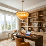 Auriane Fluted Amber Glass Chandelier | Fluted Amber Glass and Brass | Illuminating an elegant home office with a wooden desk | Severn Lighting