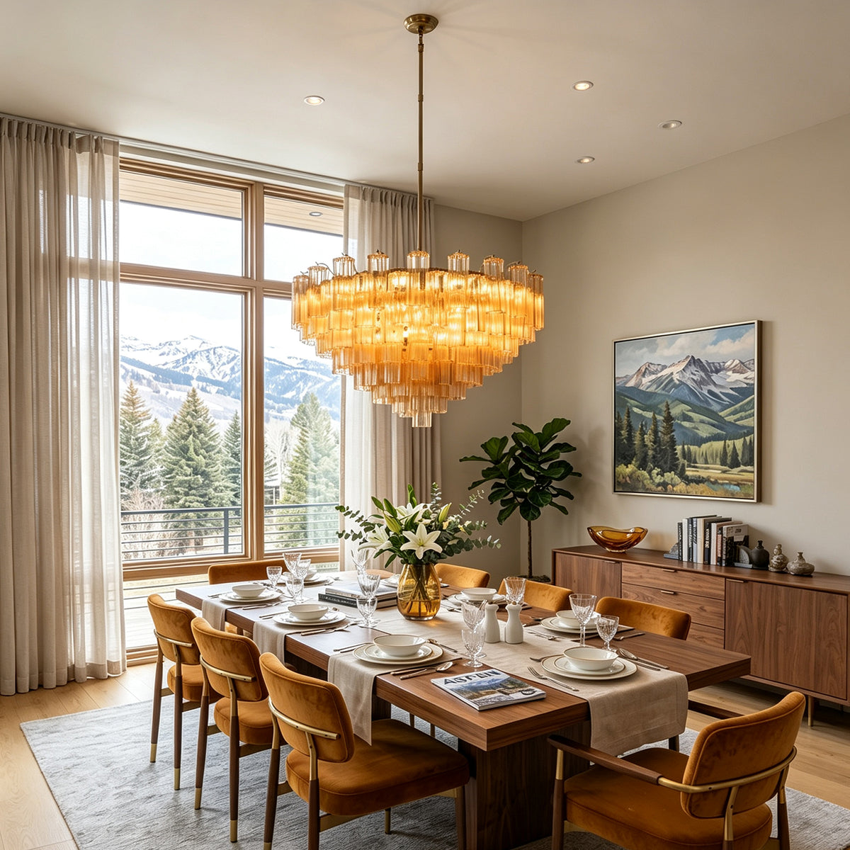 Auriane Fluted Amber Glass Chandelier | Fluted Amber Glass and Brass | Centered above a formal dining table in a luxury dining room | Severn Lighting