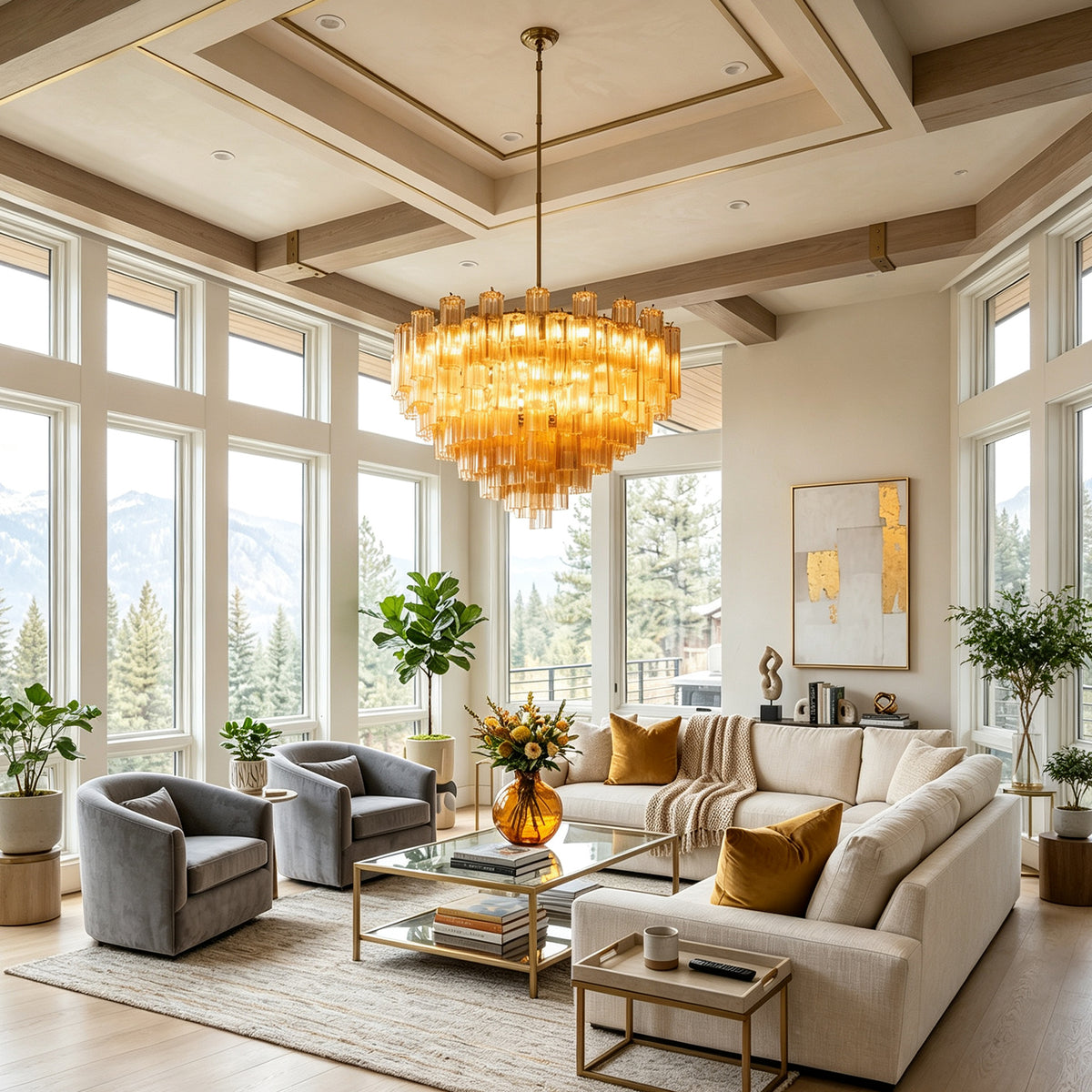 Auriane Fluted Amber Glass Chandelier | Fluted Amber Glass and Brass | Enhancing a spacious living room with cozy sofa seating | Severn Lighting