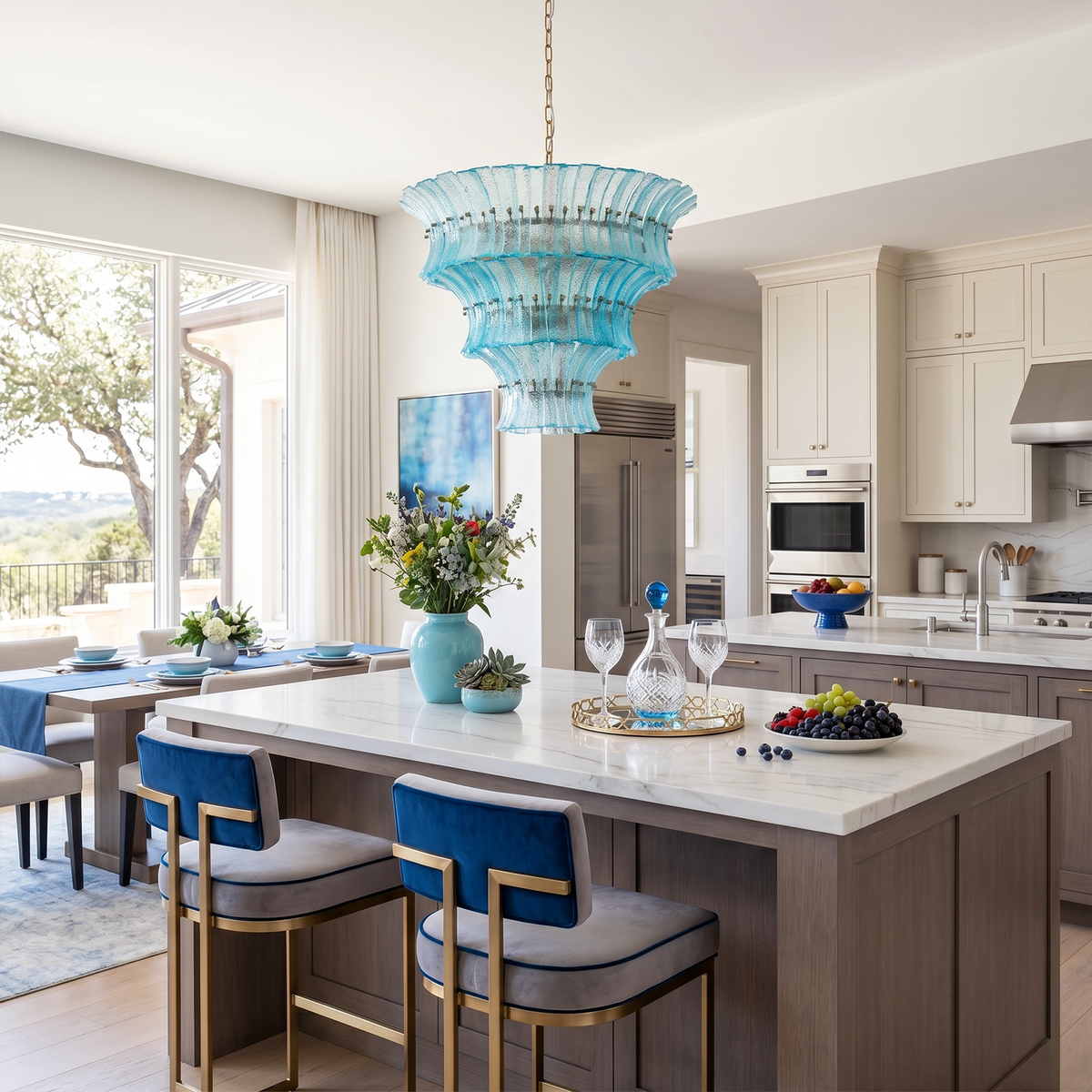 Azura Aquamarine Cascading Glass Chandelier | Glass, Metal | Hanging over a pristine white kitchen island counter paired with blue upholstered bar stools in a contemporary open kitchen | Severn Lighting