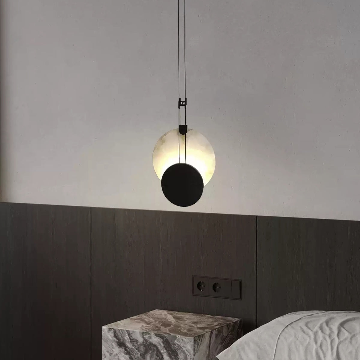Black Paint Iron Disc Marble Pendant Lamp