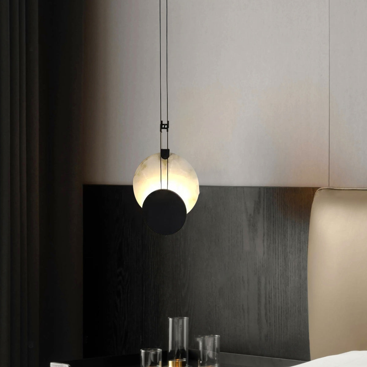 Black Paint Iron Disc Marble Pendant Lamp