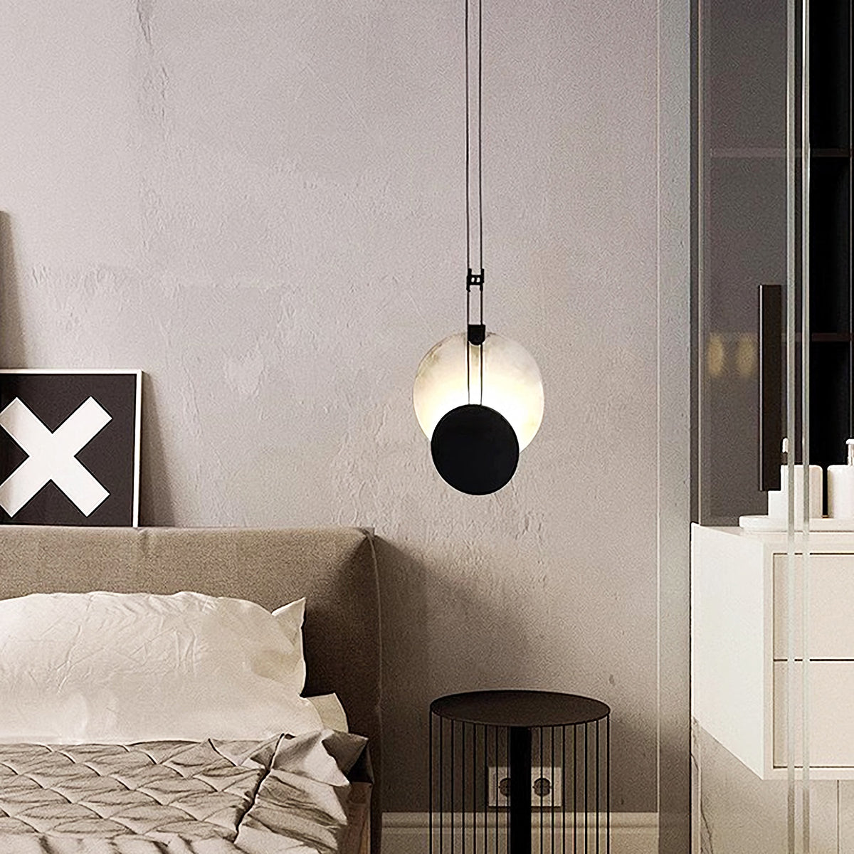 Black Paint Iron Disc Marble Pendant Lamp