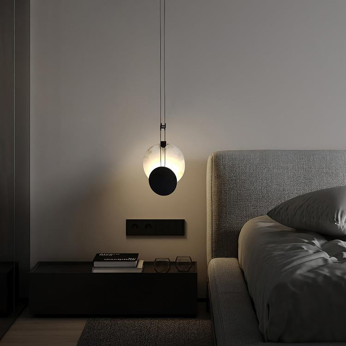 Black Paint Iron Disc Marble Pendant Lamp