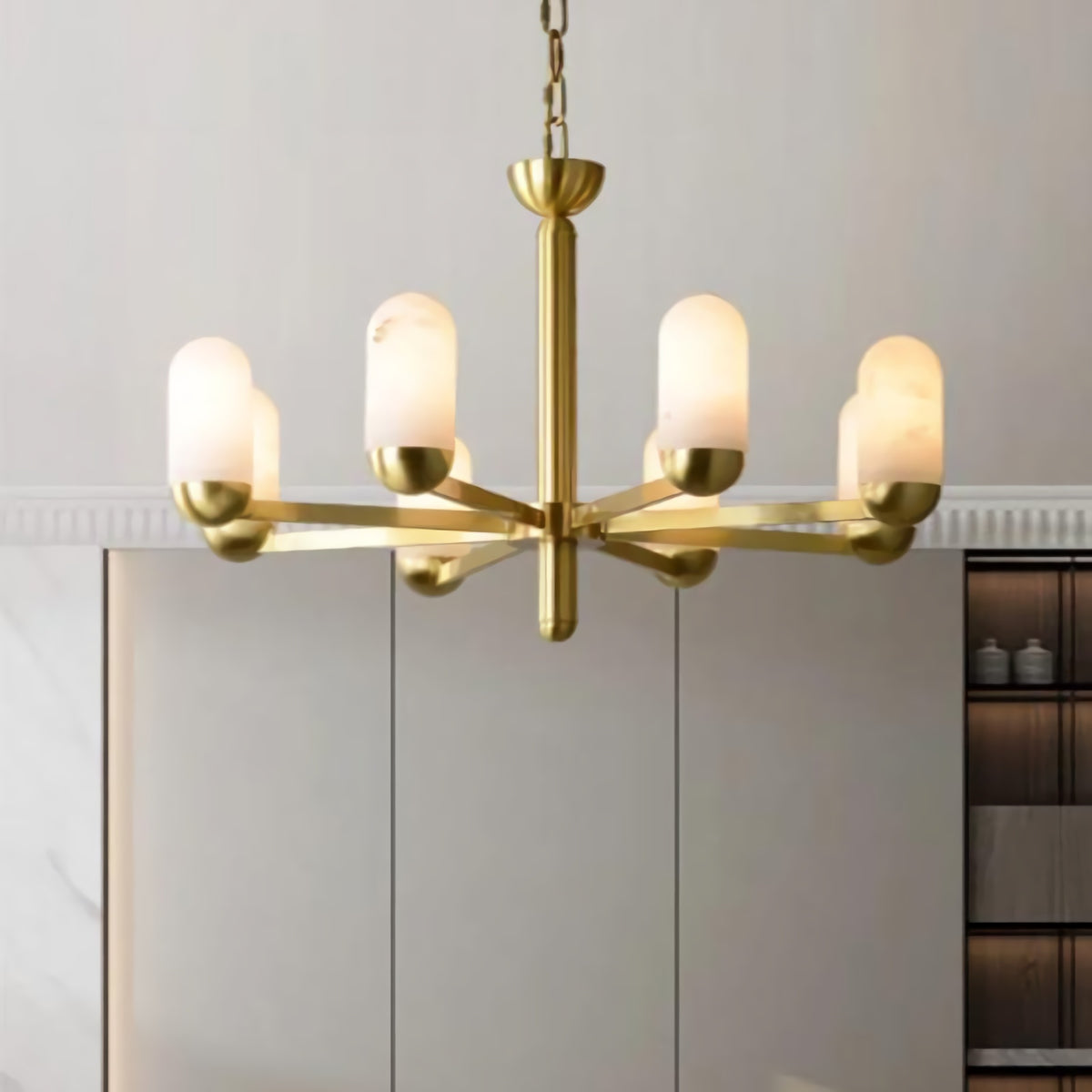 Brass Arm Alabaster Chandelier