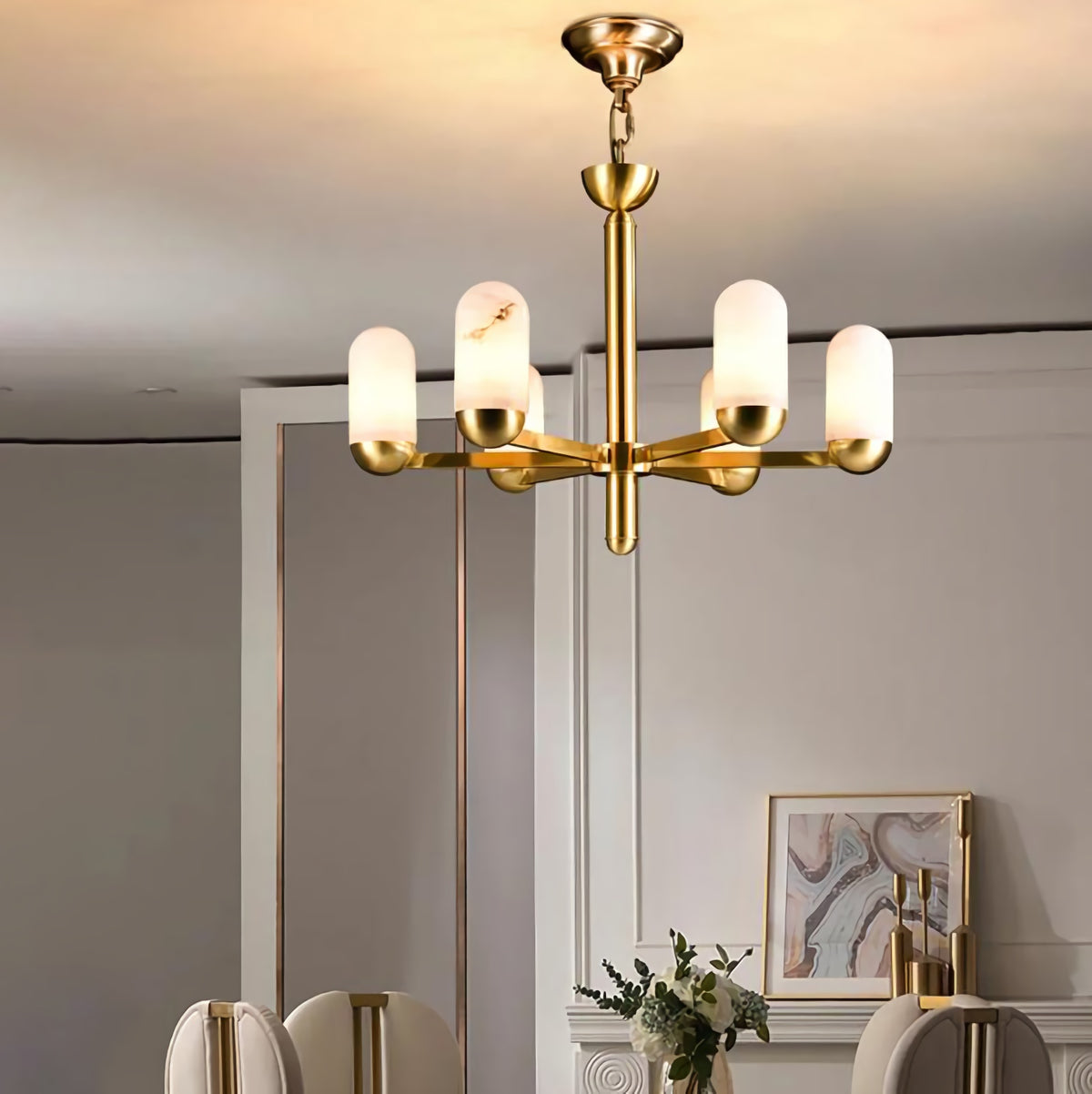 Brass Arm Alabaster Chandelier
