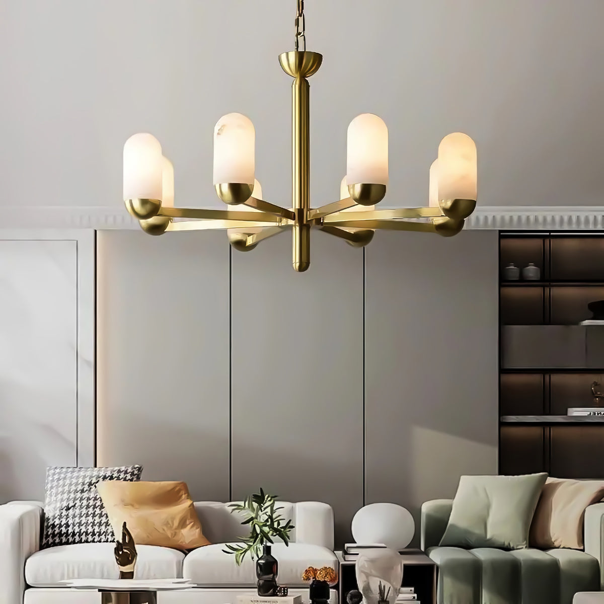 Brass Arm Alabaster Chandelier