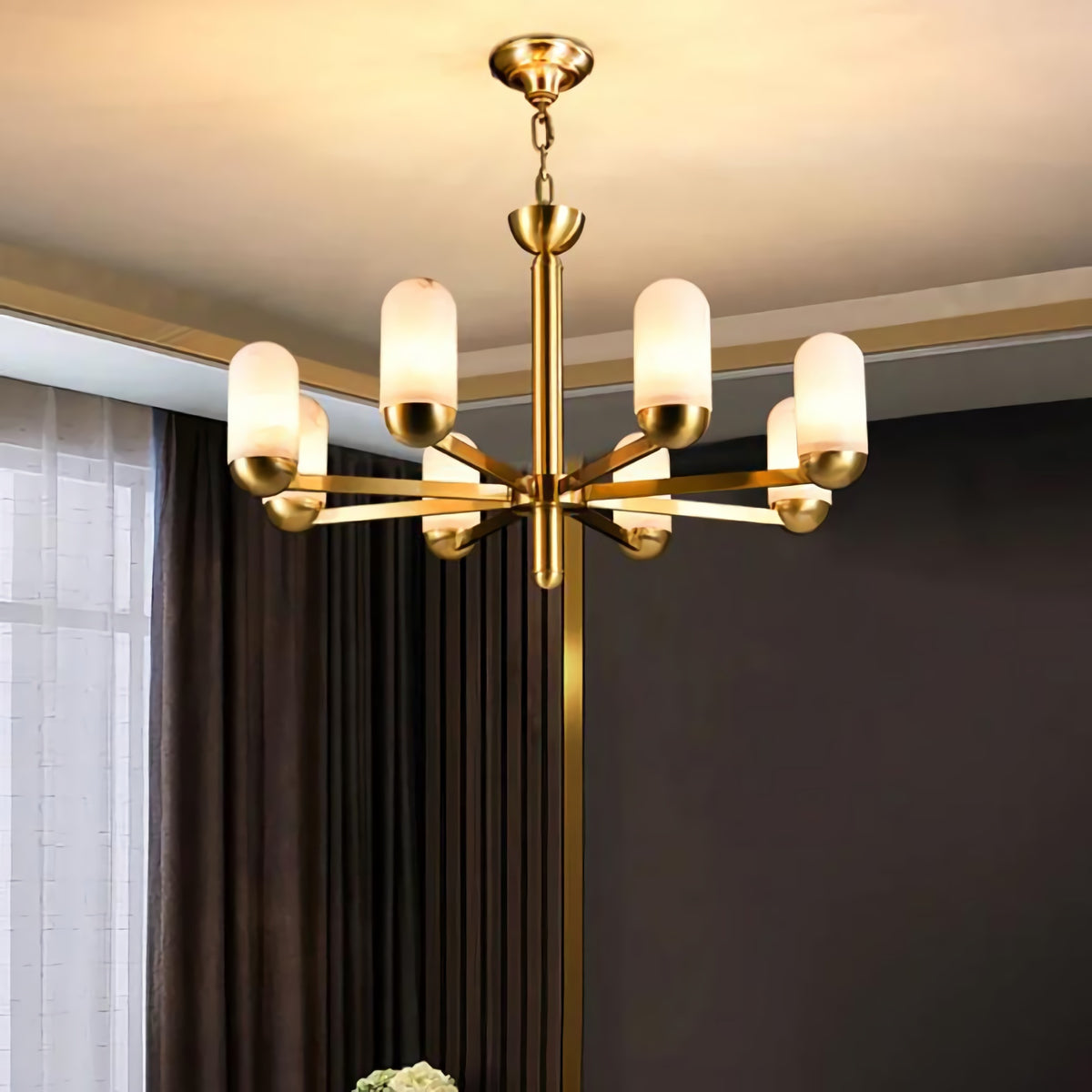 Brass Arm Alabaster Chandelier
