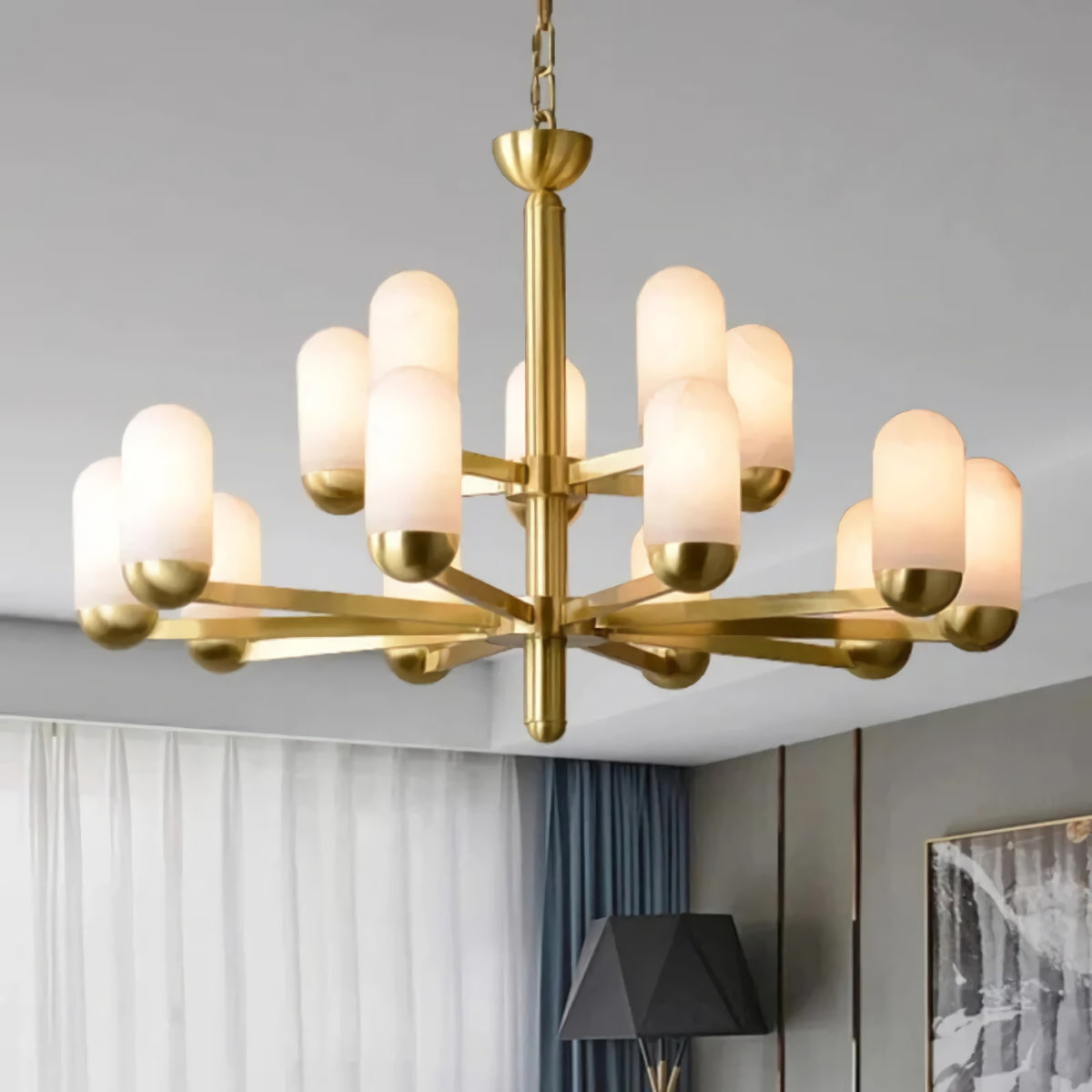 Brass Arm Alabaster Chandelier