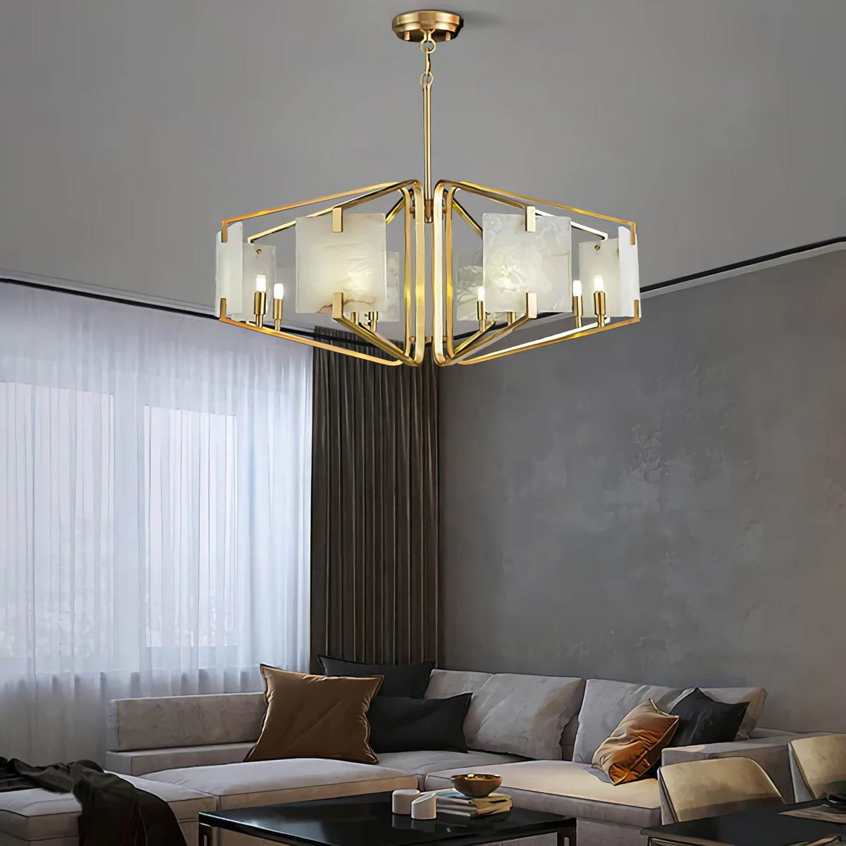 Brass Frame Alabaster Panel Chandelier
