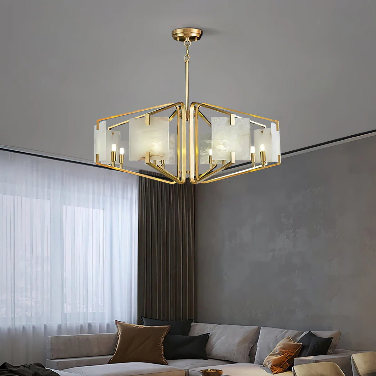Brass Frame Alabaster Panel Chandelier
