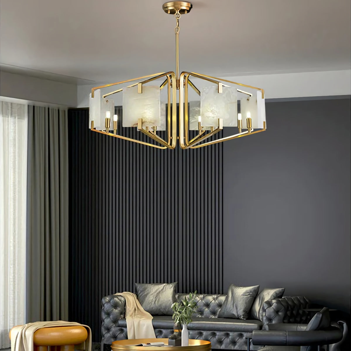 Brass Frame Alabaster Panel Chandelier