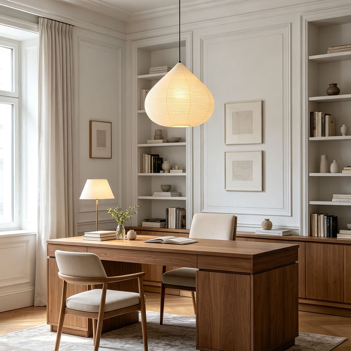 Bryony Teardrop Paper Pendant Light | Washi Paper and Metal | Illuminating a wooden desk in a classic home office with bookshelves | Severn Lighting