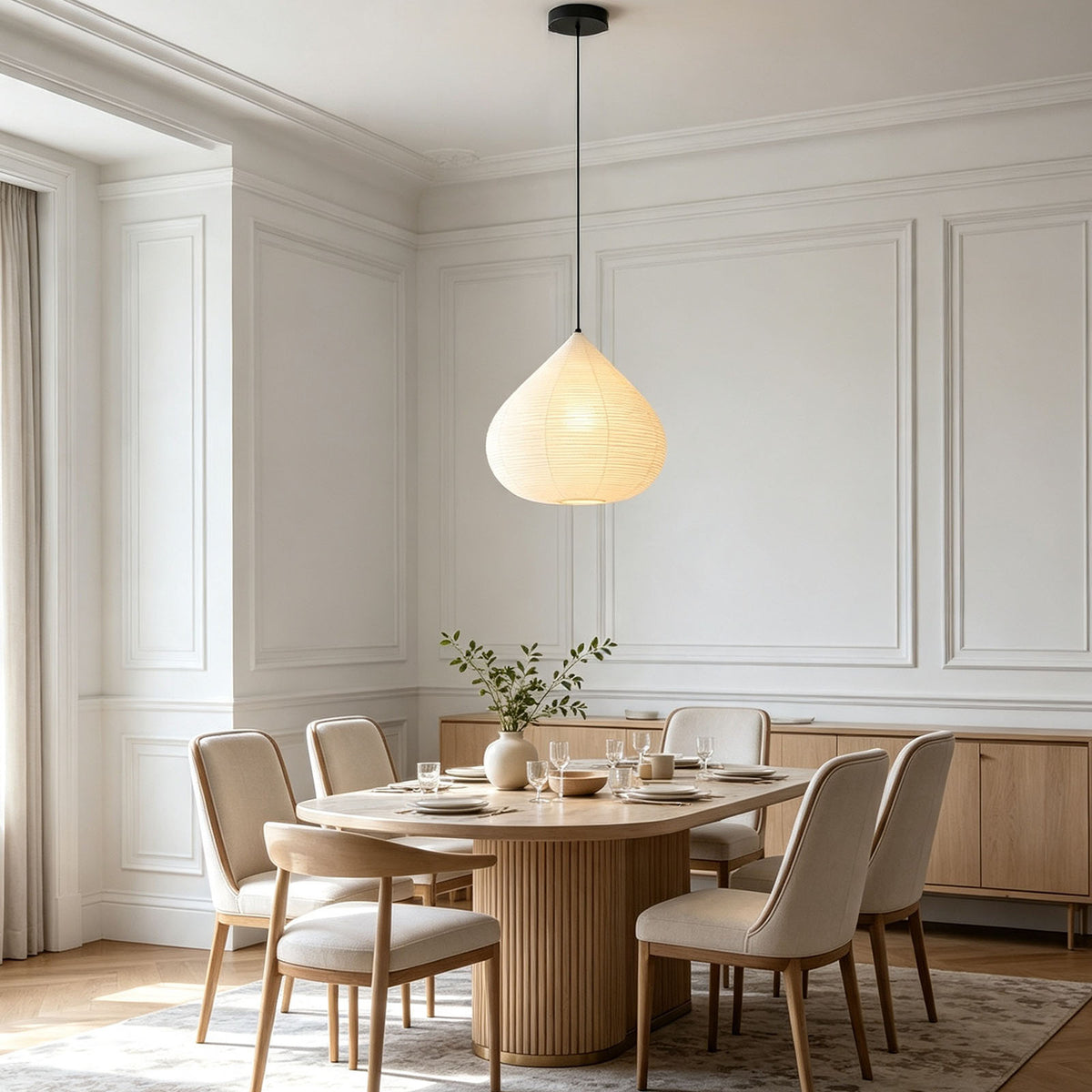 Bryony Teardrop Paper Pendant Light | Washi Paper and Metal | Displayed over a round dining table in a minimalist dining room | Severn Lighting