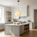 Bryony Teardrop Paper Pendant Light | Washi Paper and Metal | Suspended in a bright white kitchen over a cooking island | Severn Lighting