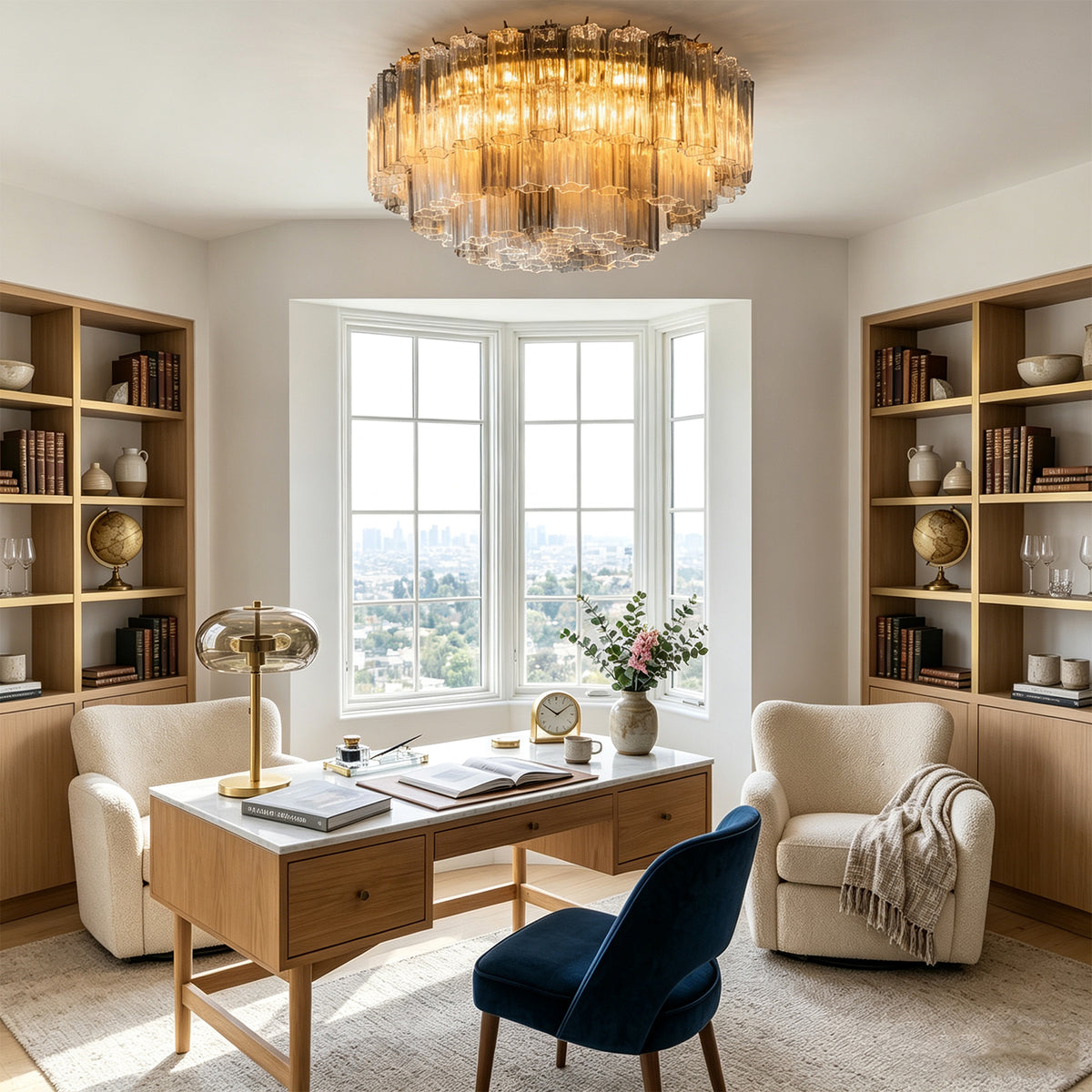 Cassian Tiered Fluted Glass Ceiling Light | Tiered Fluted Glass and Gold Brass | Illuminating a bright home office library room above a wooden desk flanked by tall bookshelves | Severn Lighting