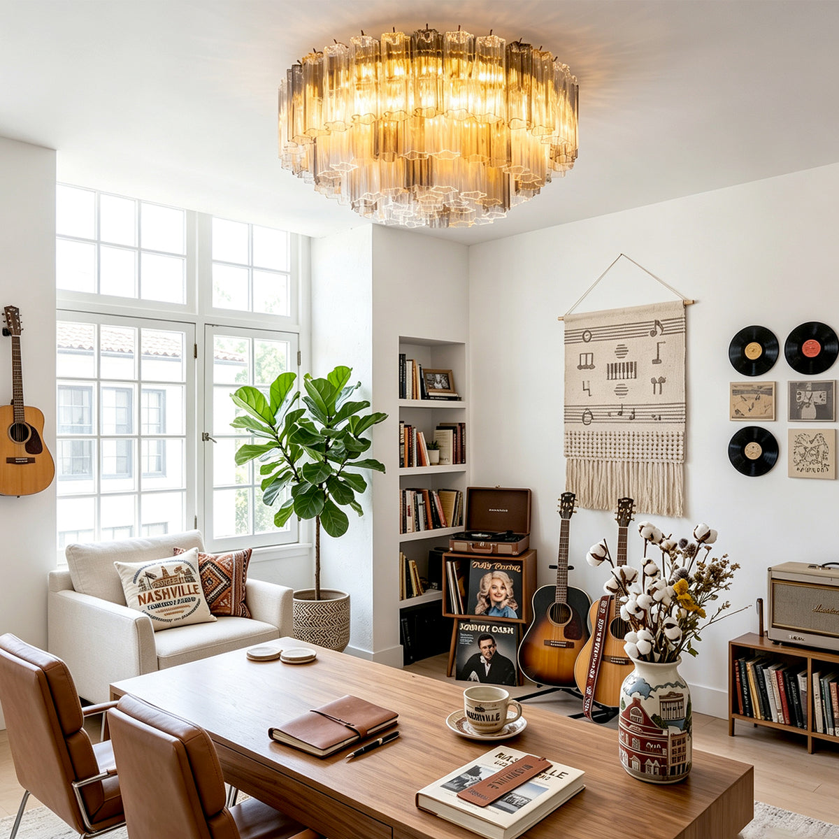 Cassian Tiered Fluted Glass Ceiling Light | Tiered Fluted Glass and Gold Brass | Positioned in a cozy boho-chic living area with a wooden table, guitars, and vinyl records on the wall | Severn Lighting