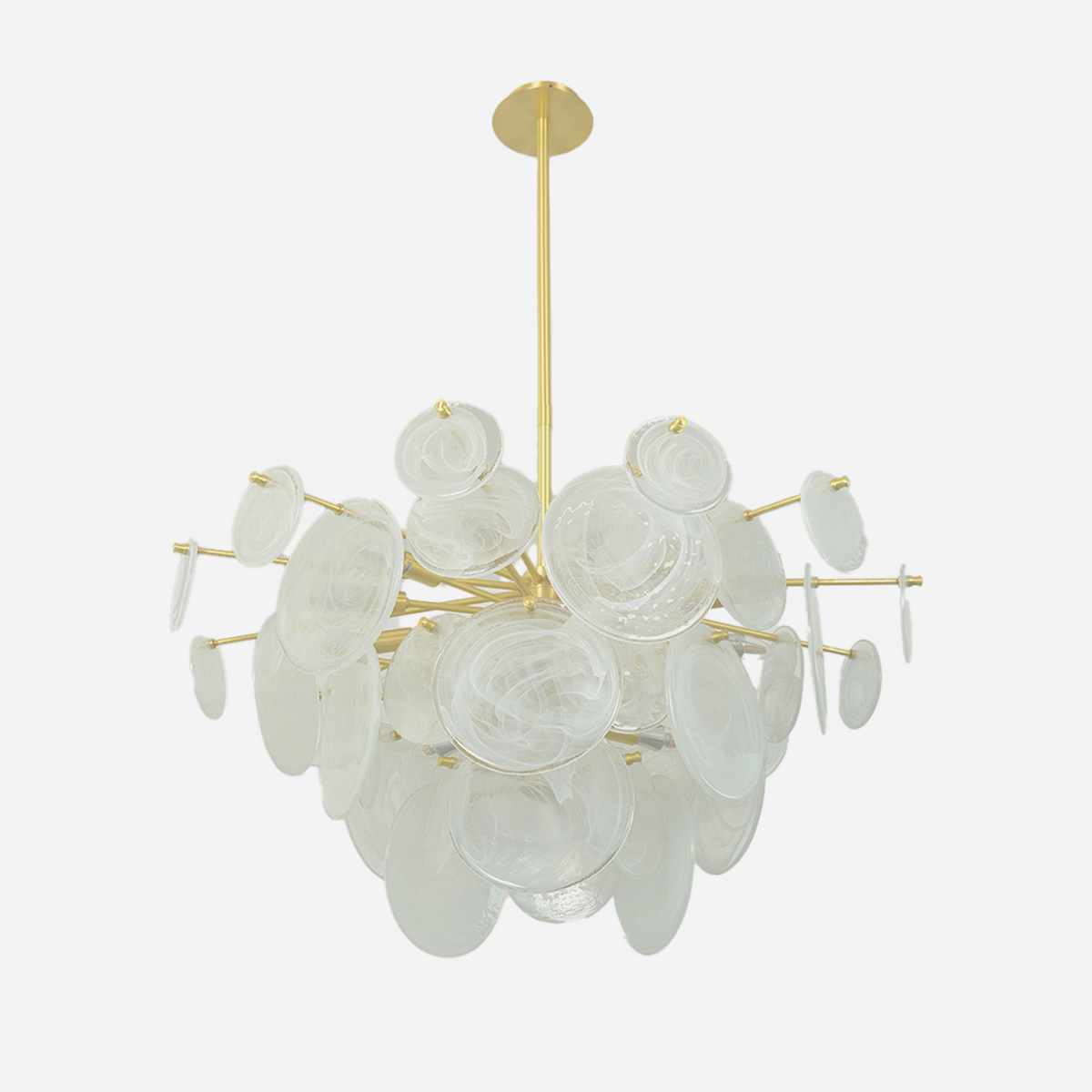 Celestia Art Glass Disc Chandelier | Glass, Metal | Elegant modern cluster chandelier featuring organic textured clear art glass discs mounted on a brushed gold brass frame | Isolated product shot on white background | Severn Lighting