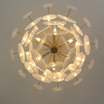 Celestia Art Glass Disc Chandelier | Glass, Metal | Direct bottom-up perspective looking into the glowing radial cluster of art glass discs and gold brass frame spokes | Detail shot | Severn Lighting