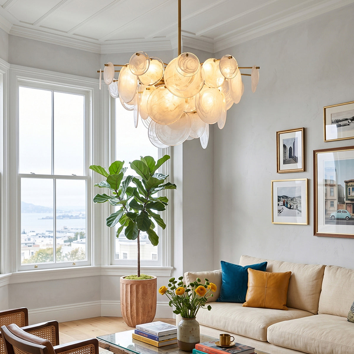Celestia Art Glass Disc Chandelier | Glass, Metal | Providing refreshing overhead lighting in a cozy contemporary living room with a cream sofa and a large indoor potted plant | Severn Lighting