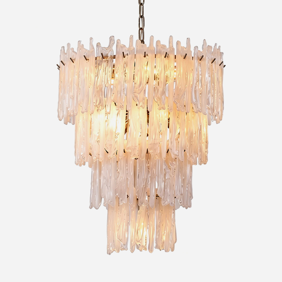 Ethereal Icicle Waterfall Chandelier | Frosted Icicle Glass and Gold Brass | Full front studio product shot isolated on a white background showing the multi-tiered glowing glass rods | Severn Lighting