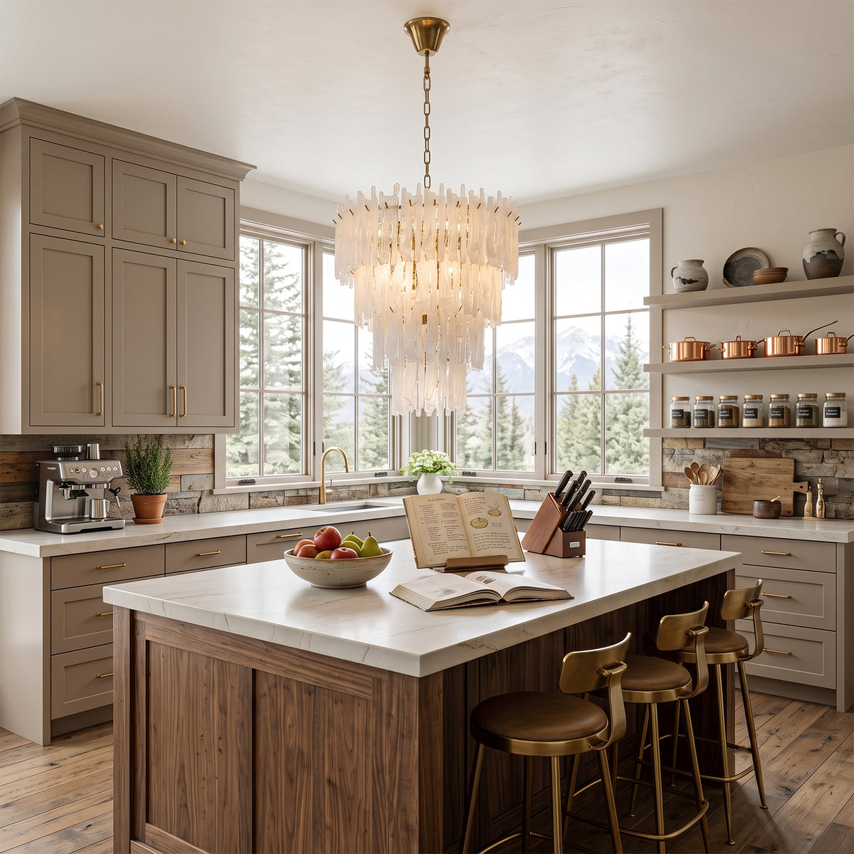 Ethereal Icicle Waterfall Chandelier | Frosted Icicle Glass and Gold Brass | Illuminating a modern country kitchen island with wooden counters and golden accents | Severn Lighting