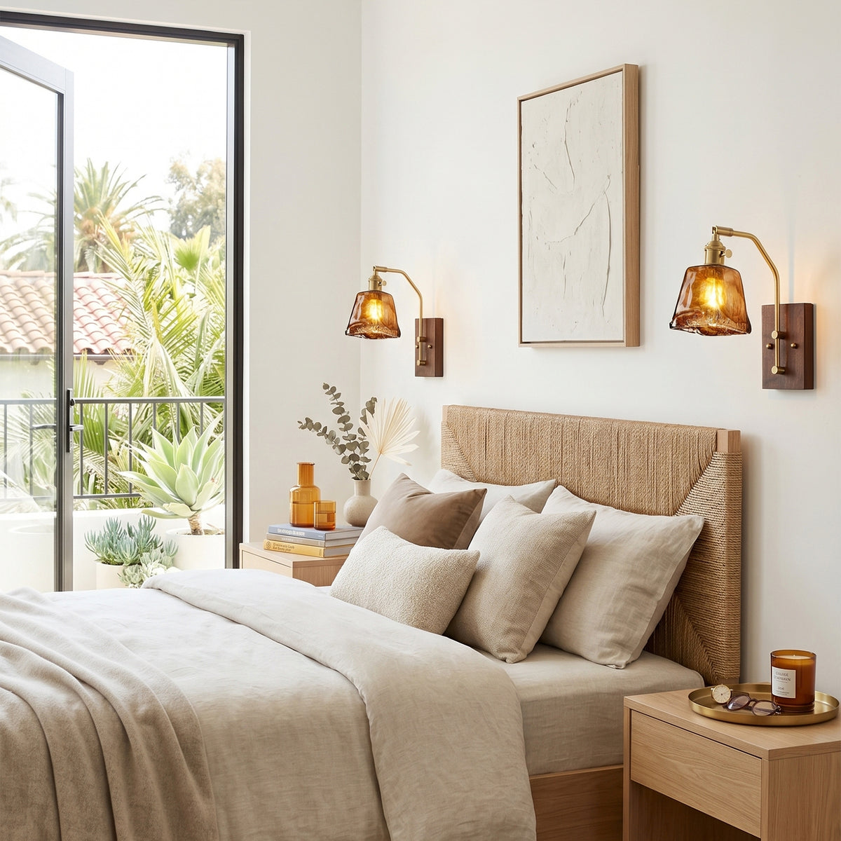 Everett Amber Ripple Wall Sconce | Amber Rippled Glass and Walnut Wood | Two sconces mounted above the bed in a bright modern bedroom filled with sunlight | Severn Lighting