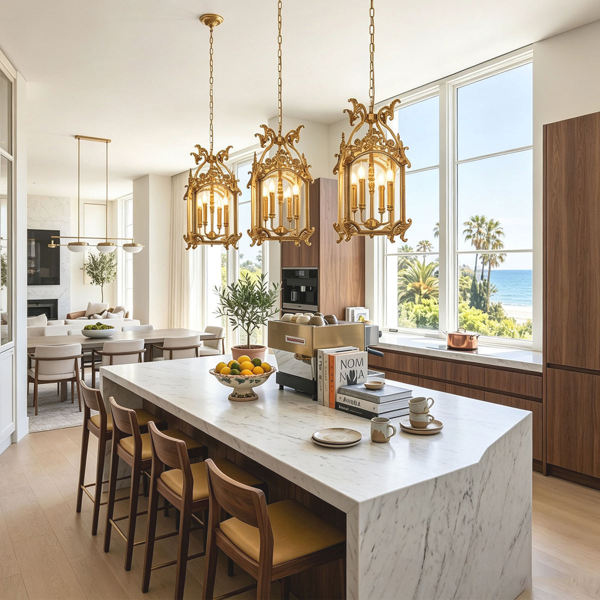 Florian Fretwork Brass Lantern Pendant Light | Glass and Brass | Trio of pendant lights hanging over a marble kitchen island counter | Severn Lighting
