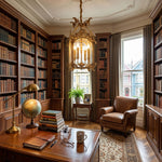 Florian Fretwork Brass Lantern Pendant Light | Glass and Brass | Centered in a dark wood home office library with an executive desk | Severn Lighting