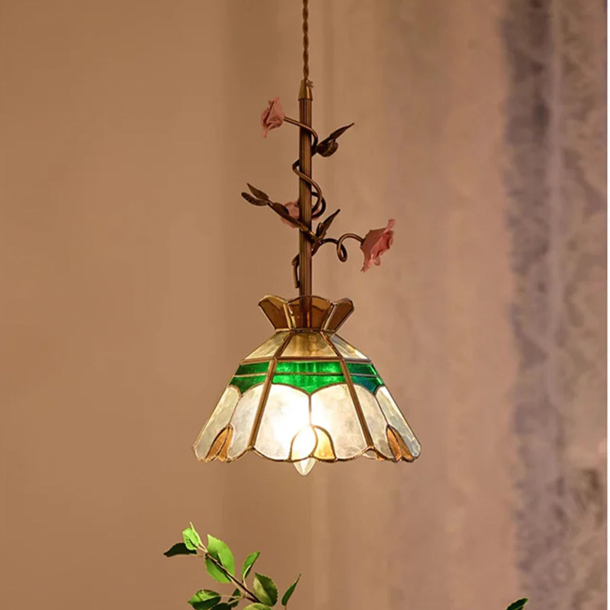 French Copper Glass Rose Pendant Lamp