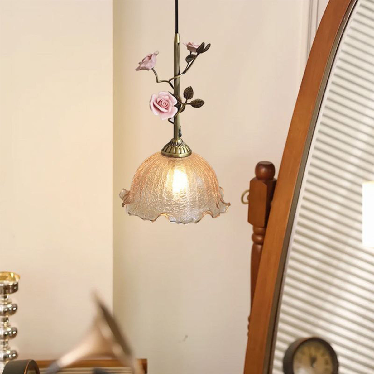French Copper Glass Rose Pendant Lamp