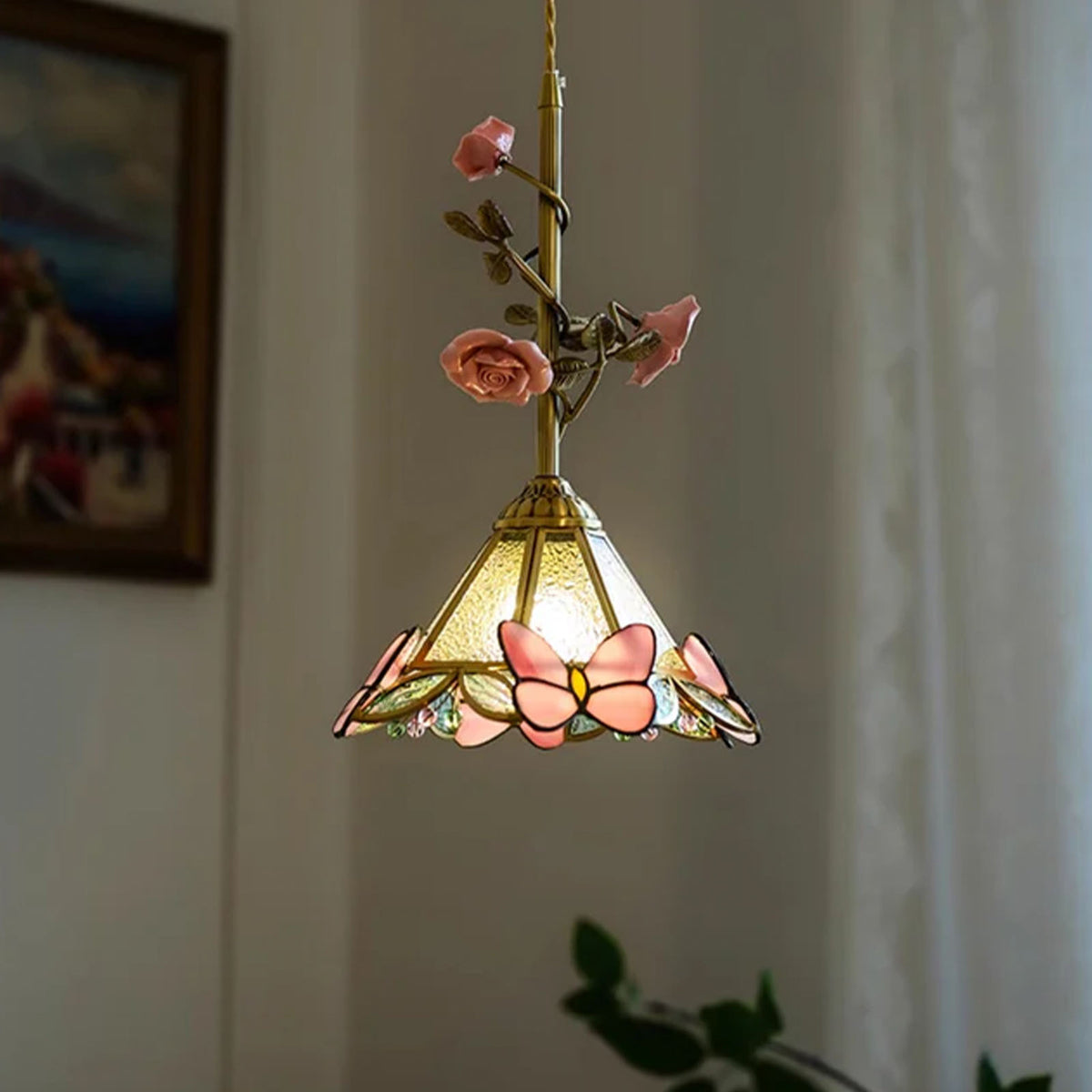 French Copper Glass Rose Pendant Lamp
