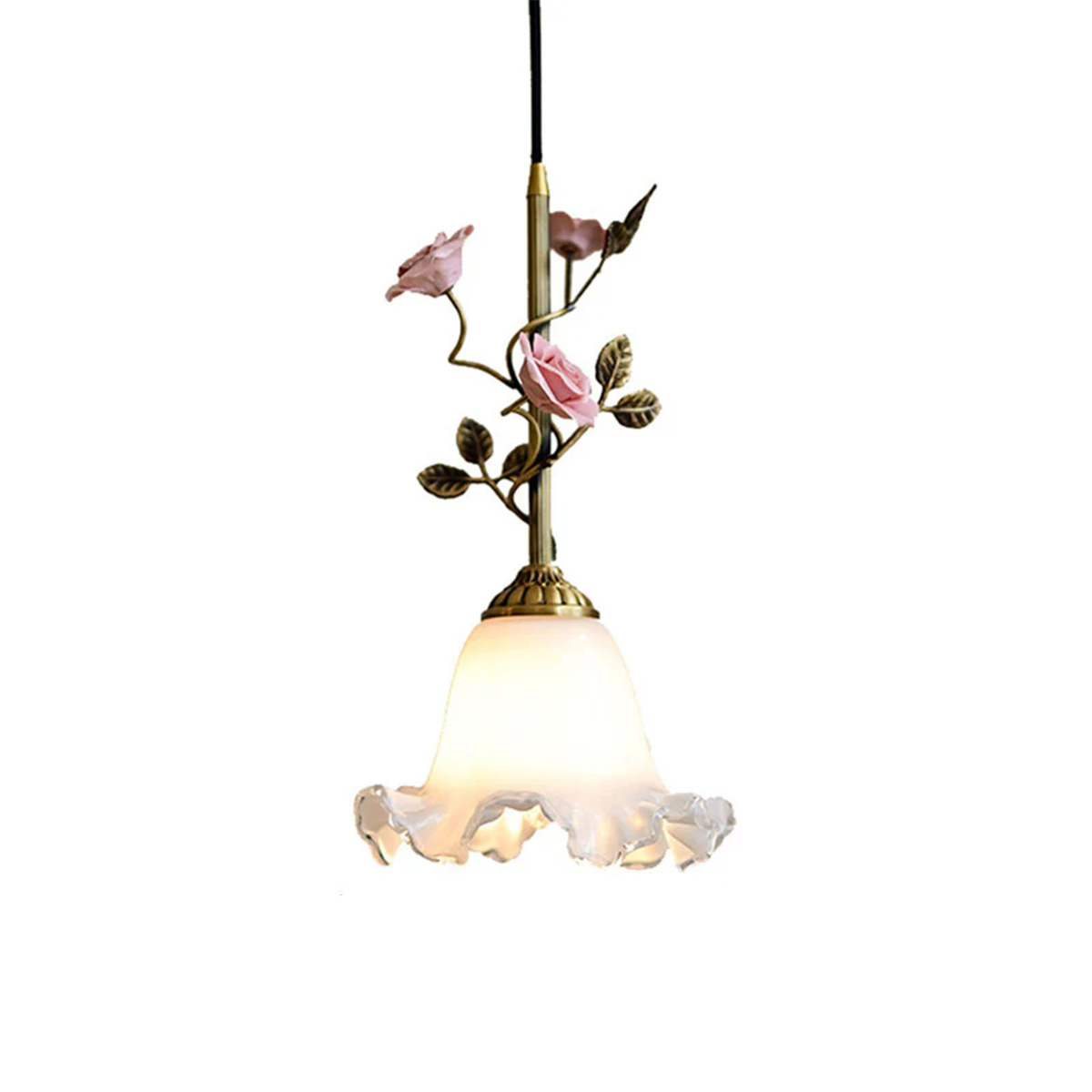 French Copper Glass Rose Pendant Lamp