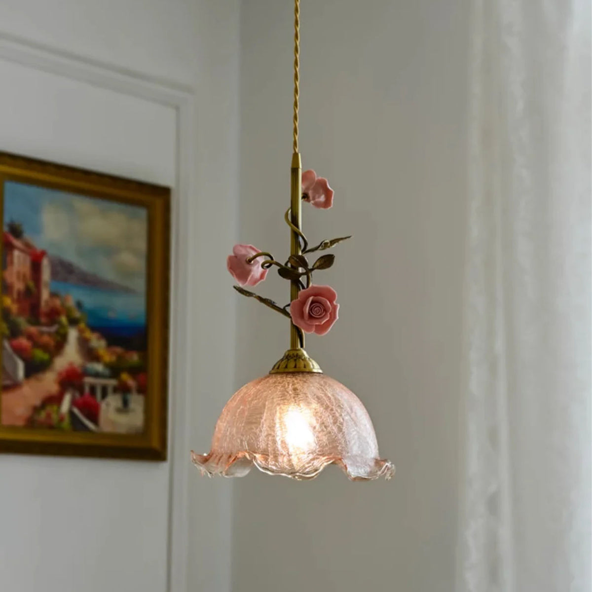 French Copper Glass Rose Pendant Lamp