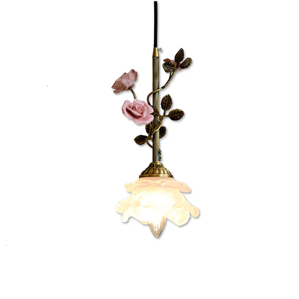French Copper Glass Rose Pendant Lamp