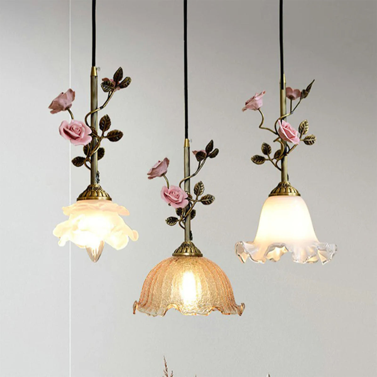 French Copper Glass Rose Pendant Lamp